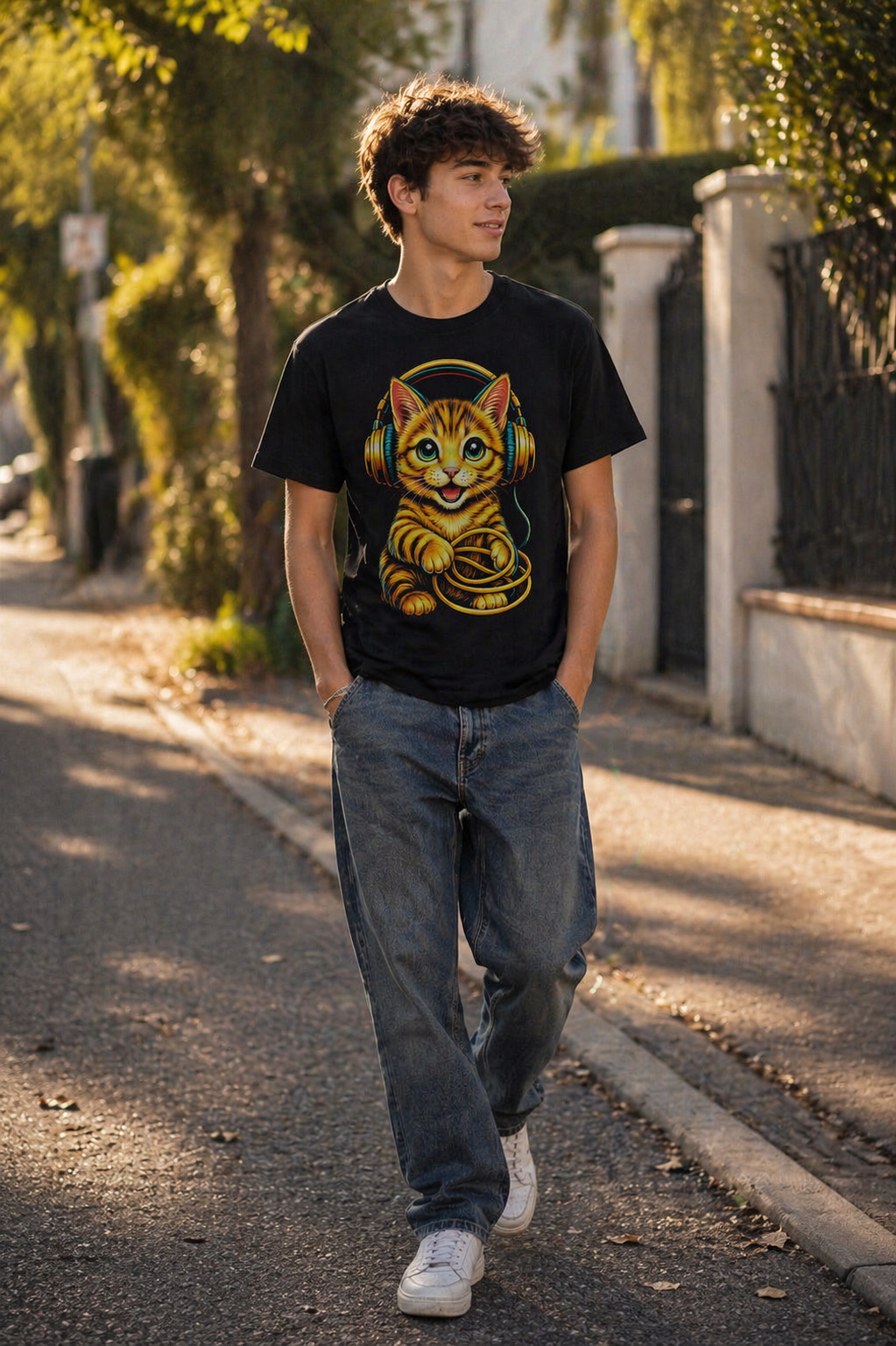 Katzen T-Shirt – Golden Cat Headphones | Pop-Art | Unisex