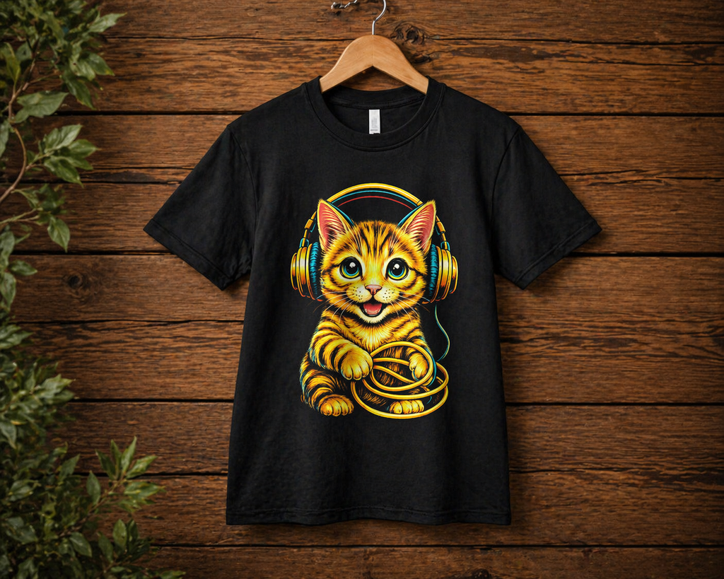 Katzen T-Shirt – Golden Cat Headphones | Pop-Art | Unisex